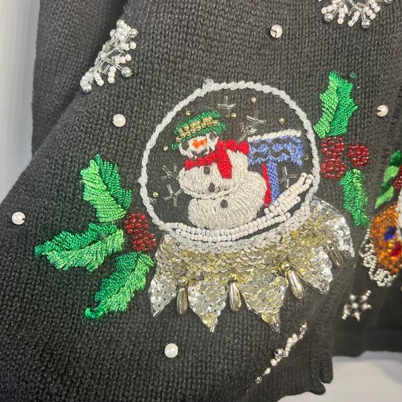 VTG B.P. Design Sweater Ugly Christmas Black Knit Sequins Beaded Fur Collar L - Picture 2 of 9